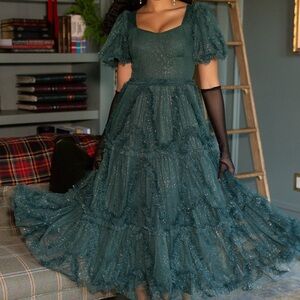 Ivy City Co Emerald Midi Gown with Puff Cap Sleeves and Square Neckline